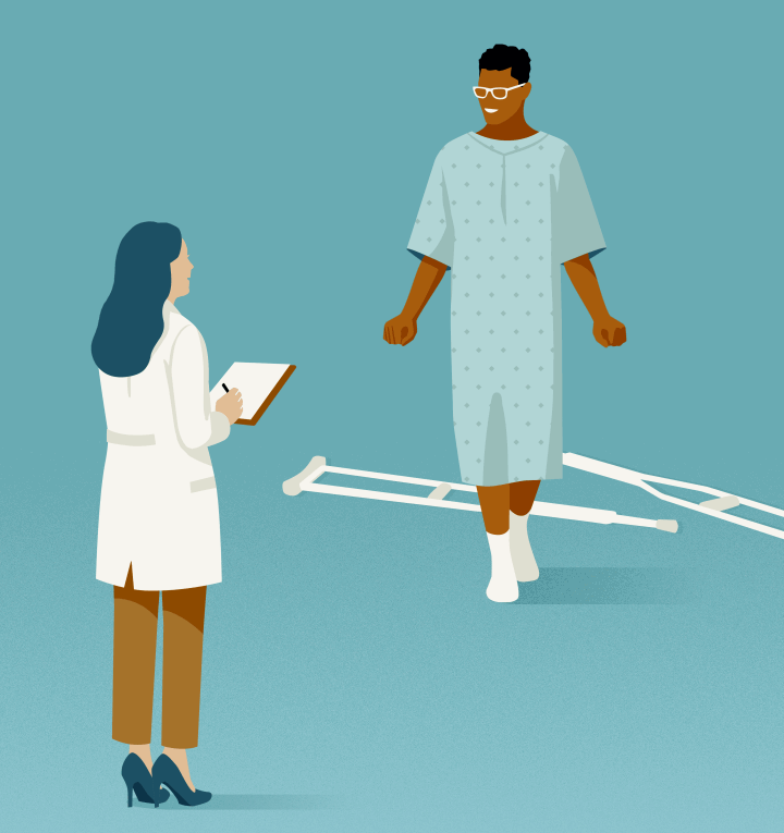 Illustrated animated image of a man dropping his crutches