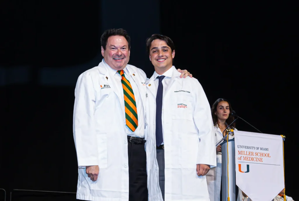 Edward Dauer, M.D. ’75, and Felipe Tribin, M.D. candidate, Class of 2027. Tribin was an undergraduate student of Dr. Dauer Edward Dauer, M.D. ’75, and Felipe Tribin, M.D. candidate, Class of 2027. Tribin was an undergraduate student of Dr. Dauer