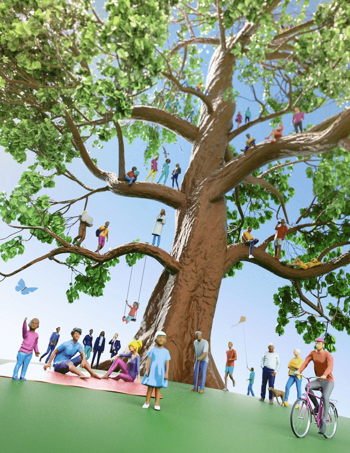 Colorful illustration of a large tree with lots of people in and around it