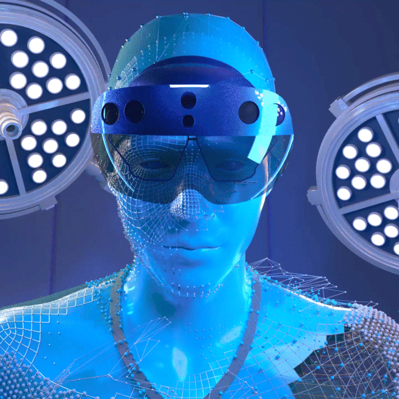 Surgeon wearing VR goggle in an operating room